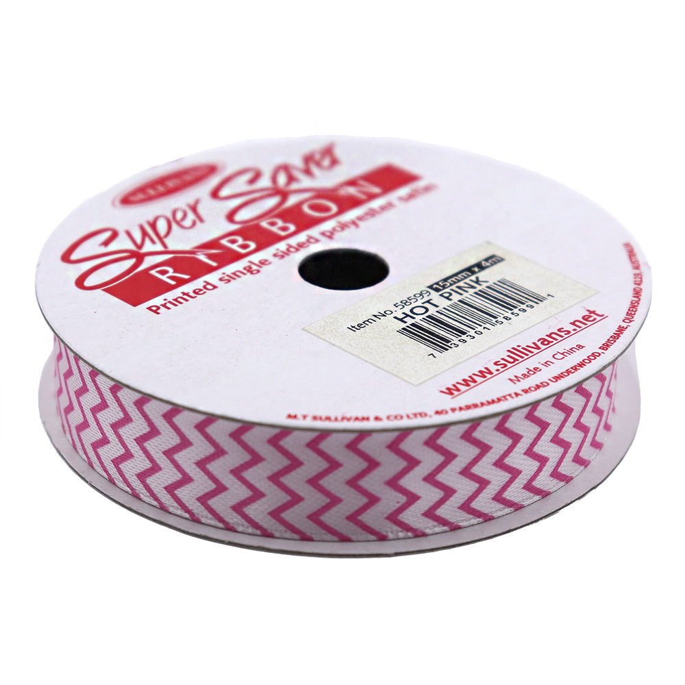 Sullivans Satin Ribbon, Chevron Hot Pink- 25mm
