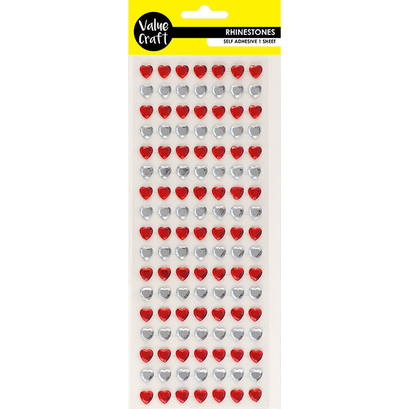 Value Craft Rhinestones Sticker, Hearts Red-Silver