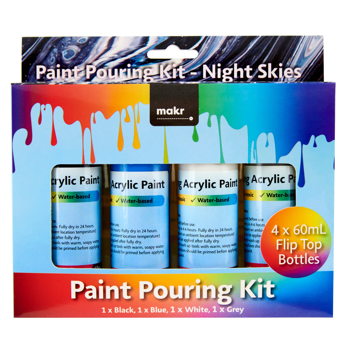 Makr Paint Pour Kit Pk4 Night Skies, Black, Blue, White, Grey