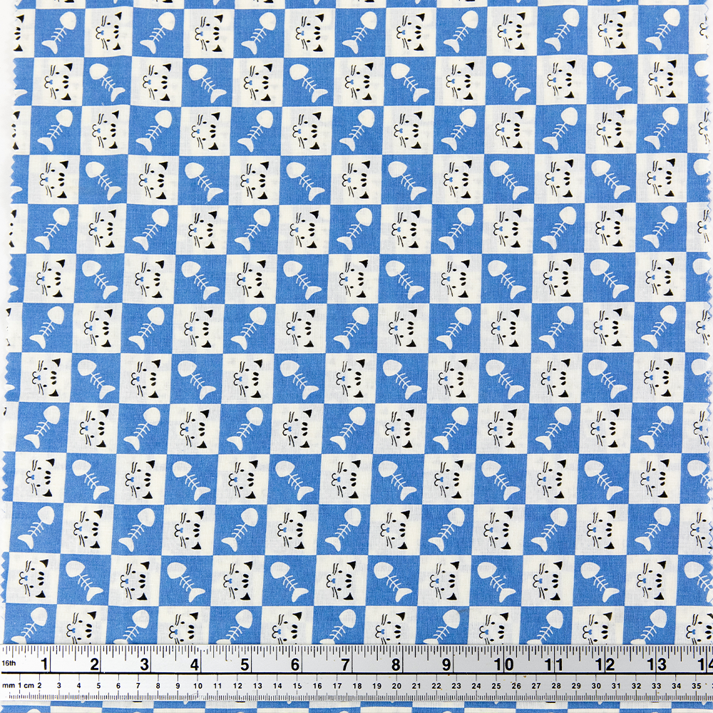Print Craft & Quilting Fabric, Cats And Fish Bones On Checks- Width 112cm
