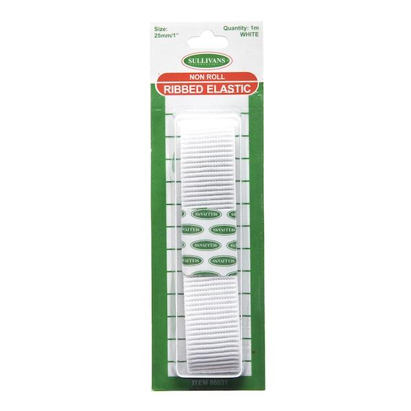 Sullivans Ribbed Elastic, White- 25mm x 1m