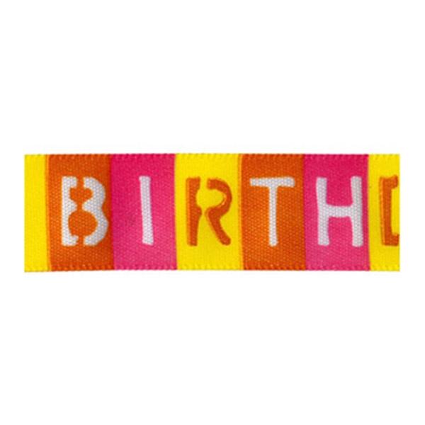 Sullivans Satin Ribbon, Happy Birthday Hot Pink- 15mm