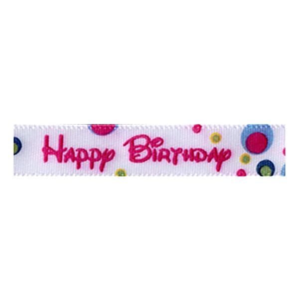 Sullivans Satin Ribbon, Happy Birthday White Pink- 9mm