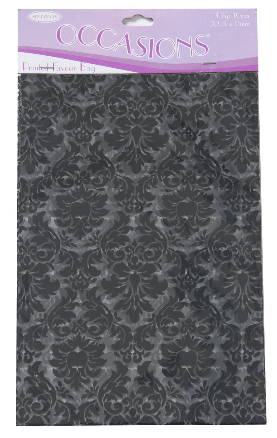 Sullivans Printed Favour Bag, Black Damask- 10pc