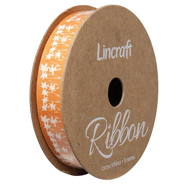 Cotton Ribbon, Flowers Orange- 15mm x 3m
