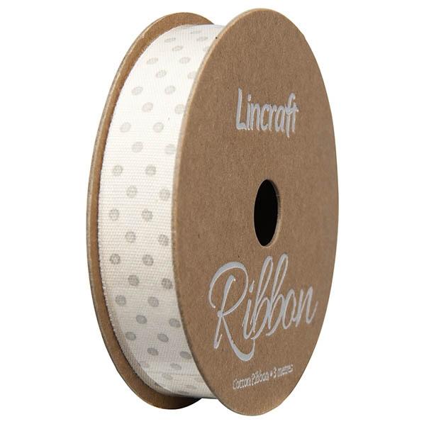 Cotton Ribbon, Dots Silver- 15mm x 3m