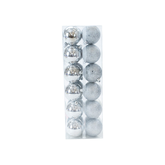 Shiny/Glitter & Matte Bauble Pack, Silver- 60mm
