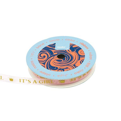 Makr Ribbon, Glitter Gold It's A Girl Pink Organza- 9mm