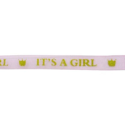 Makr Ribbon, Glitter Gold It's A Girl Pink Organza- 9mm