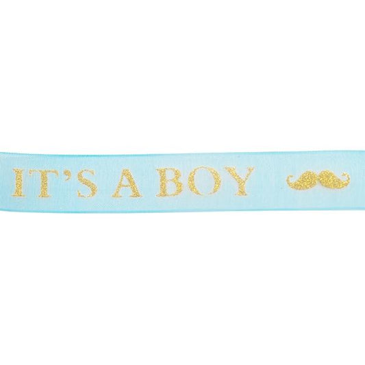 Makr Ribbon, Gold It's A Boy Blue Organza- 16mmx4.5m