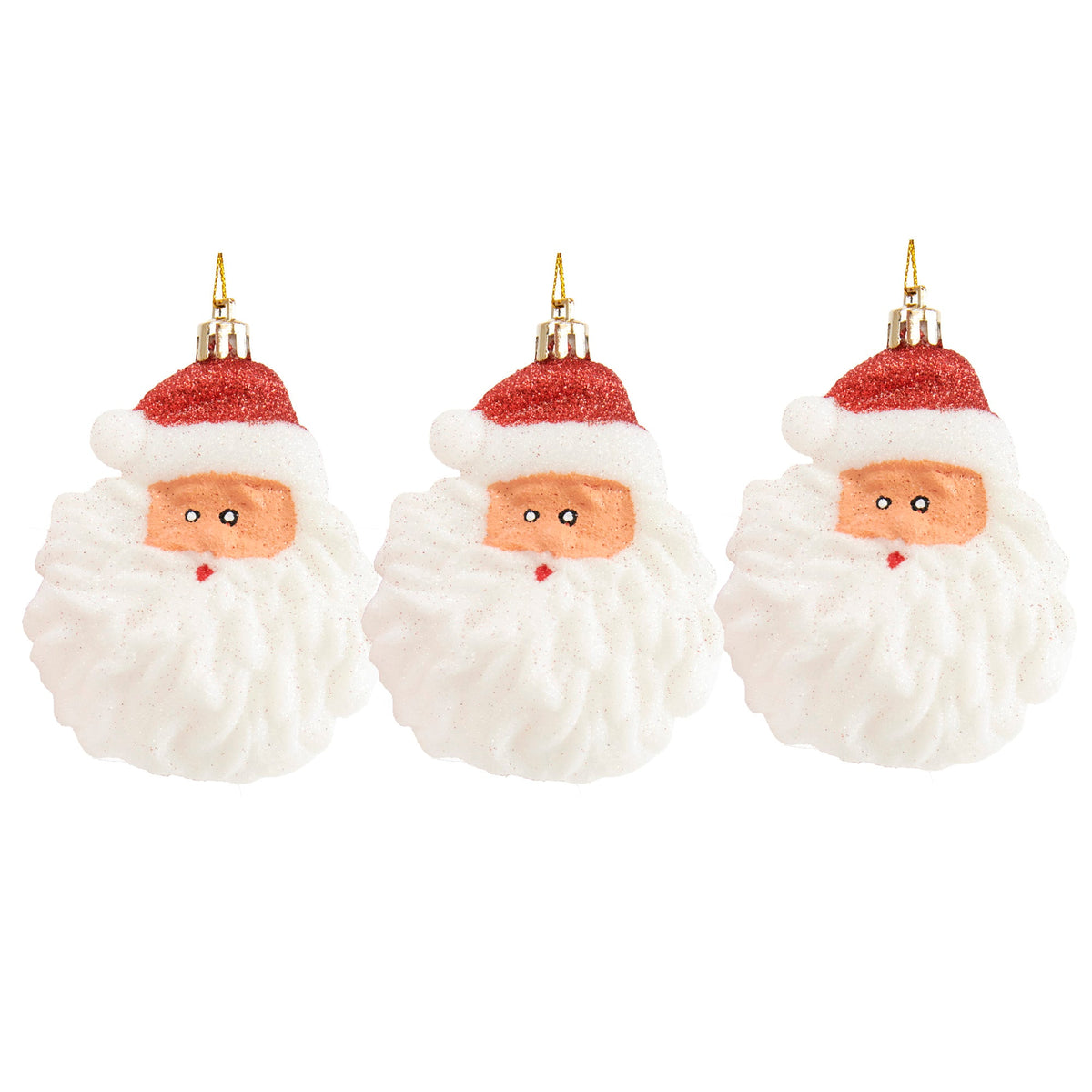 Christmas Ornament, Glitter Painted Santa, 10cm- 3pk