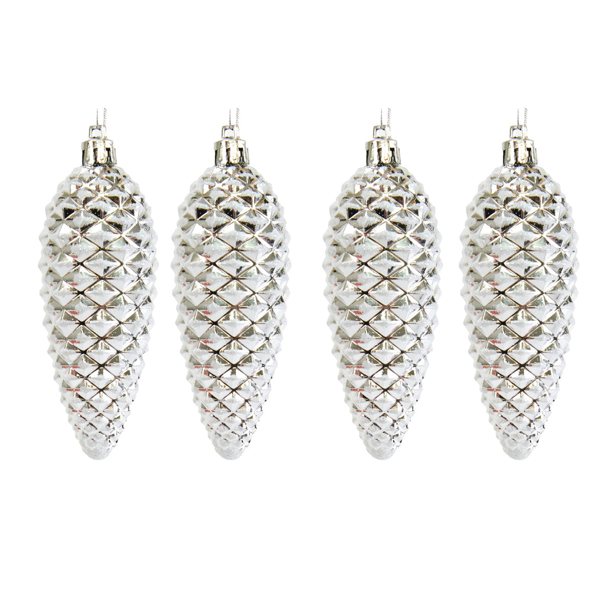Christmas Ornament, 11cm Silver Shiny Pinecone- 4pk