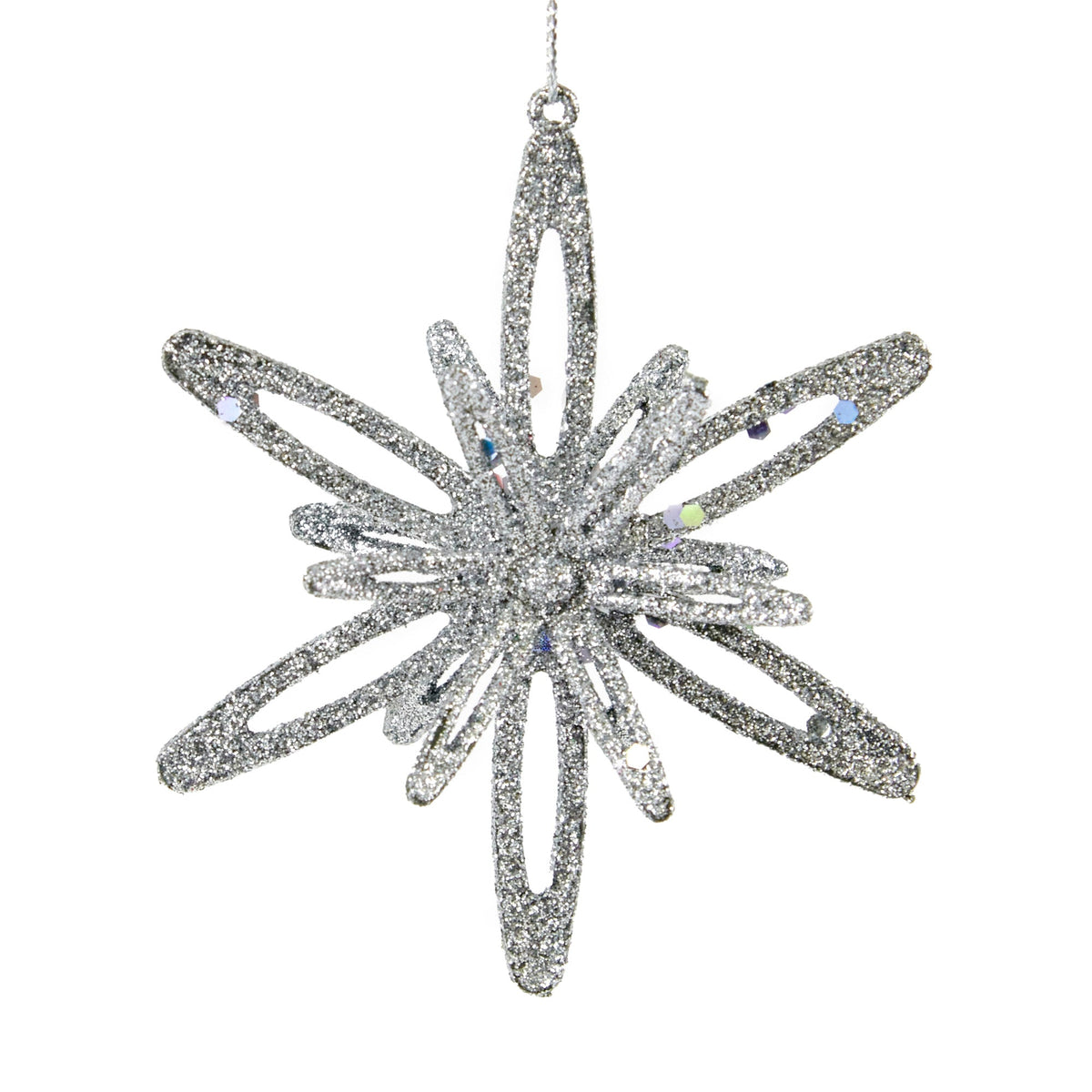 Christmas Hanging Ornament Glitter Flower Set, Silver- 10cm