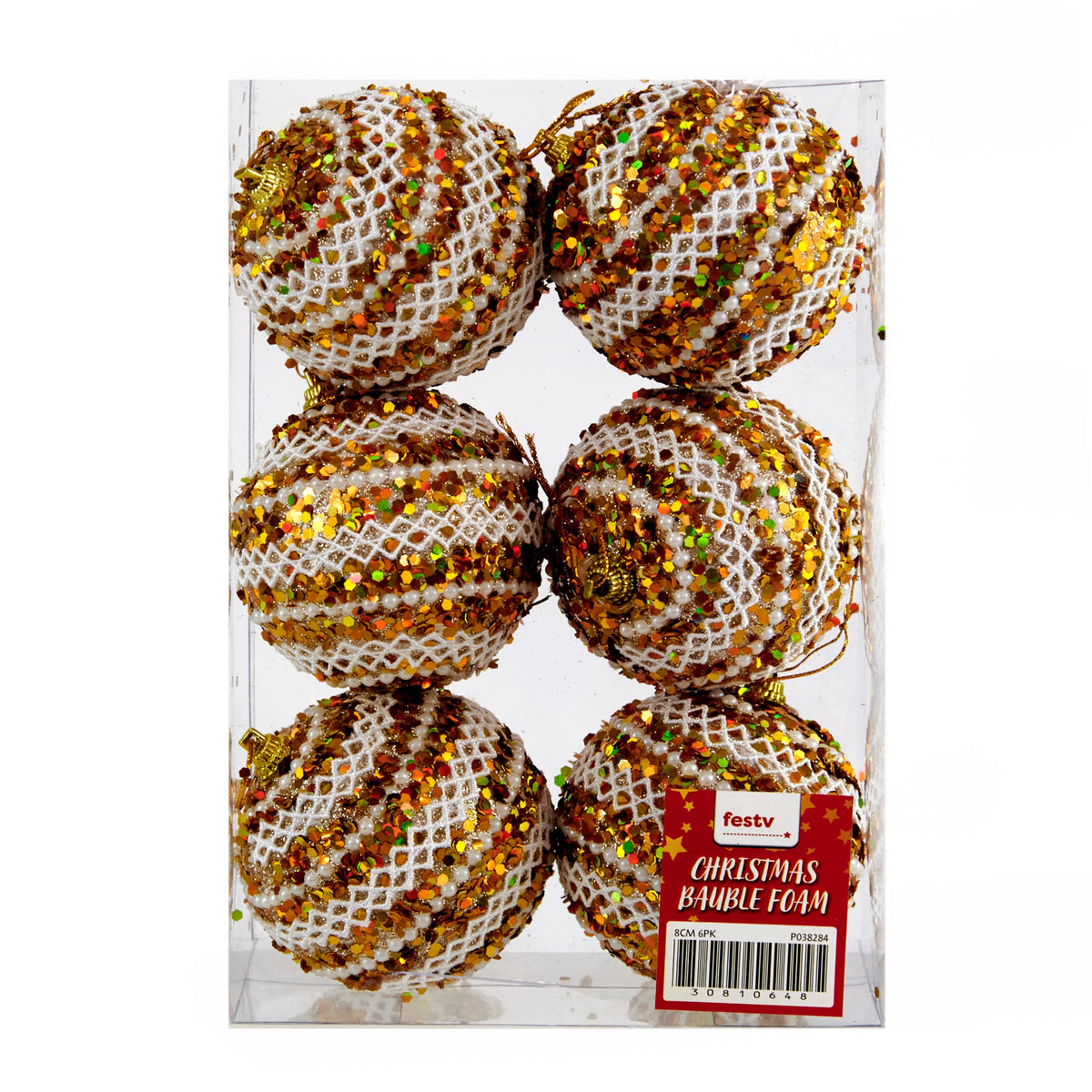 Christmas Bauble Foam Glitter Ball, 6pk