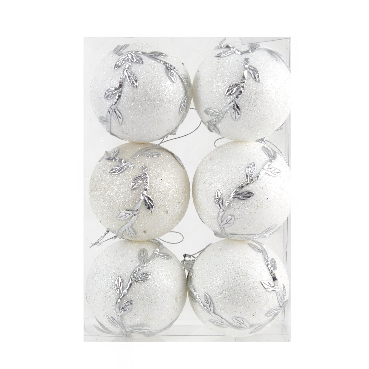 Christmas Bauble Foam, White with Silver Vine -6pk