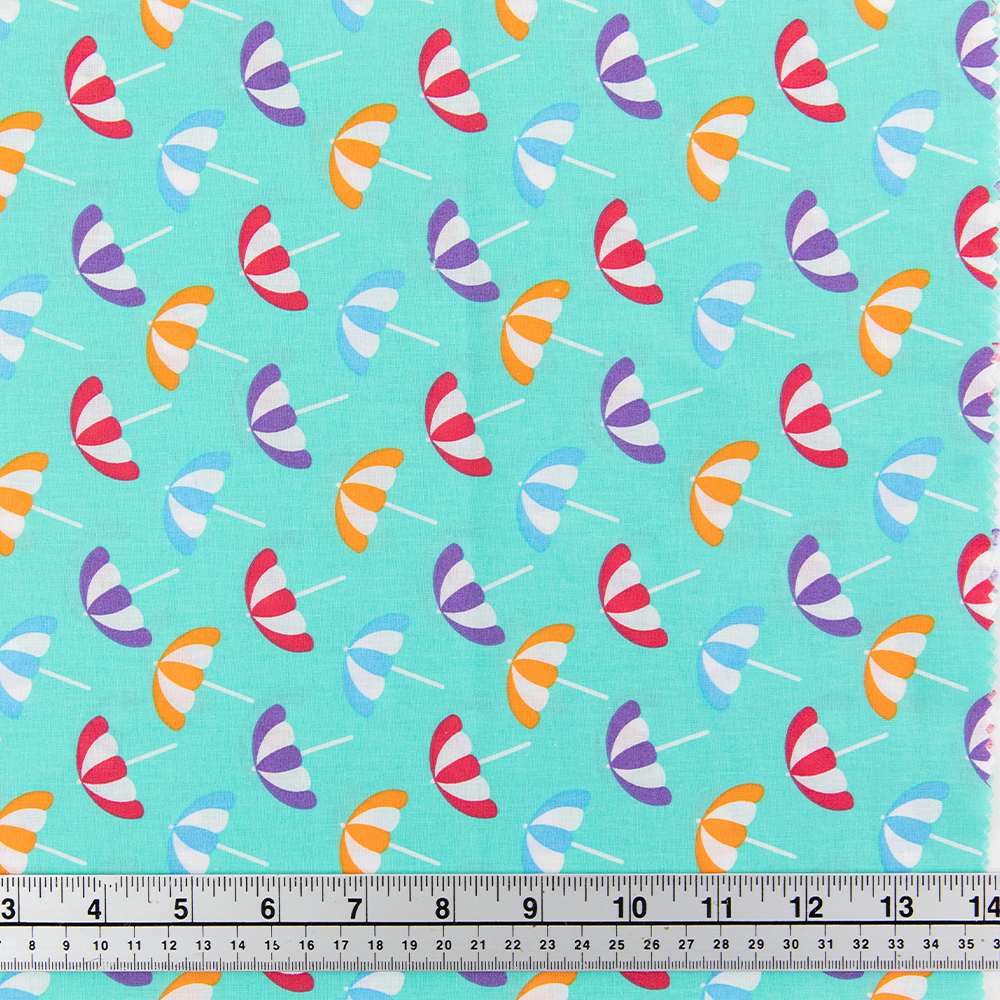 Print Craft & Quilting Fabric, Umbrellas On Aqua- Width 112cm